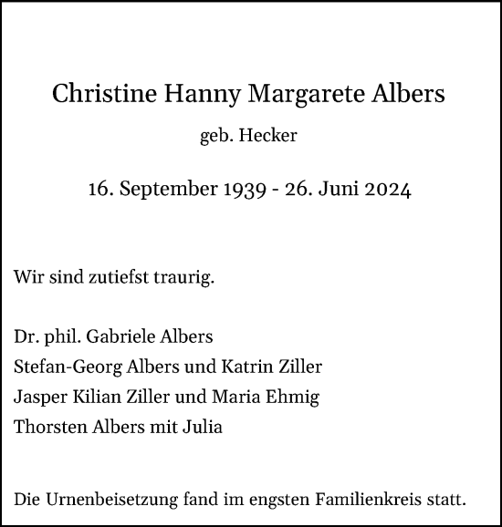 Traueranzeige von Christine Hanny Margarete Albers Albers von Flensburger Tageblatt