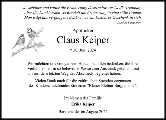 Traueranzeige von Claus Keiper von Stormaner Tageblatt