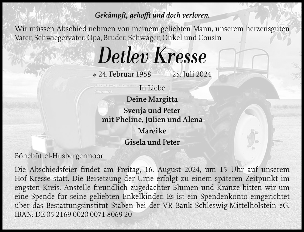  Traueranzeige für Detlev Kresse vom 03.08.2024 aus Holsteinischer Courier