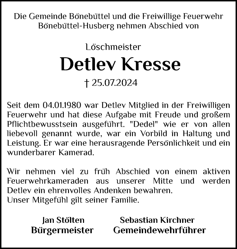  Traueranzeige für Detlev Kresse vom 03.08.2024 aus Holsteinischer Courier