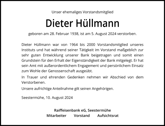 Traueranzeige von Dieter Hüllmann von Elmshorner Nachrichten, Barmstedter Zeitung