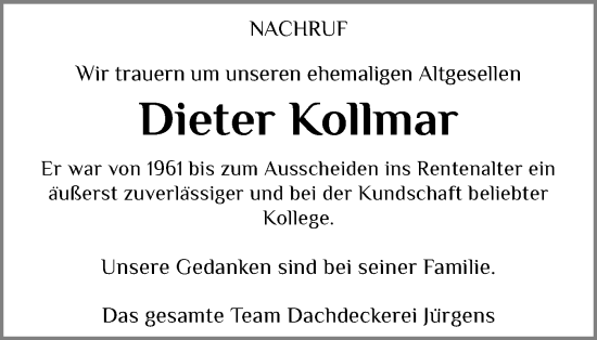 Traueranzeige von Dieter Kollmar von Holsteinischer Courier