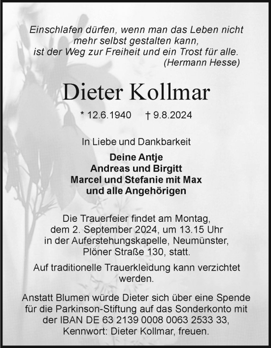 Traueranzeige von Dieter Kollmar von Holsteinischer Courier