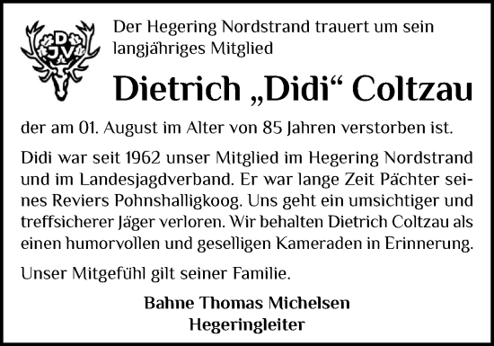 Traueranzeige von Dietrich Coltzau von Husumer Nachrichten, Nordfriesland Tageblatt