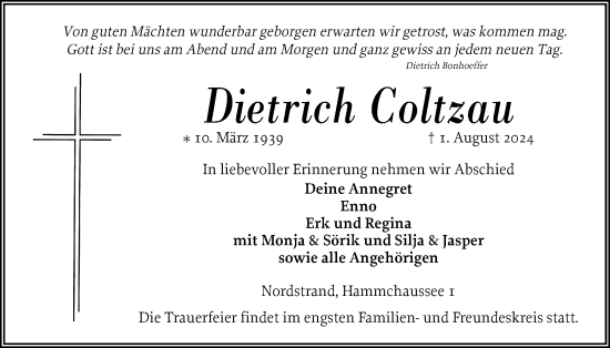 Traueranzeige von Dietrich Coltzau von Husumer Nachrichten, Nordfriesland Tageblatt