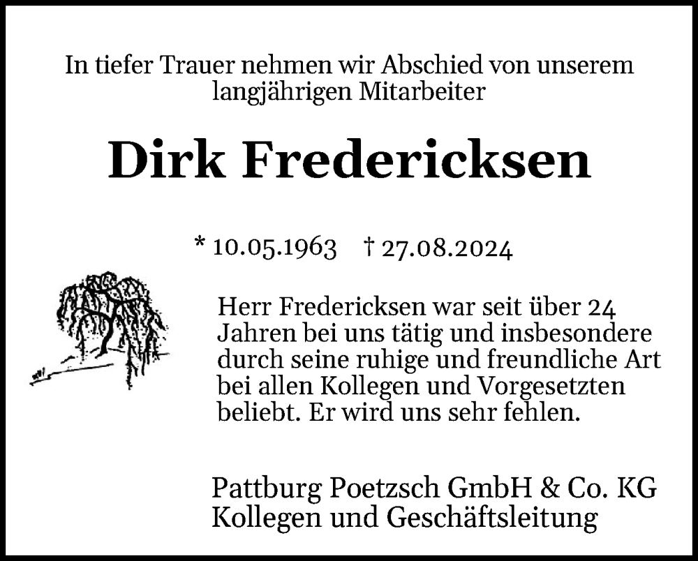  Traueranzeige für Dirk Fredericksen vom 31.08.2024 aus Flensburger Tageblatt