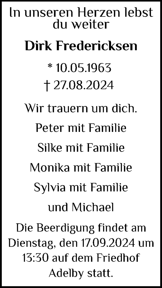  Traueranzeige für Dirk Fredericksen vom 31.08.2024 aus Flensburger Tageblatt