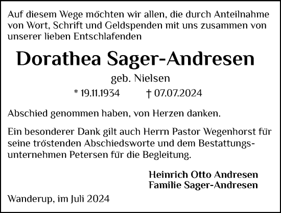 Traueranzeige von Dorathea Sager-Andresen von Flensburger Tageblatt