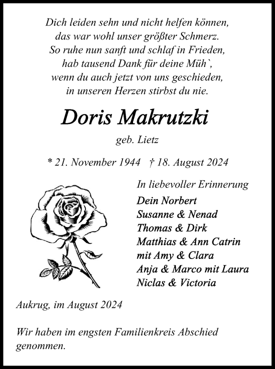 Traueranzeige von Doris Makrutzki von Schleswig-Holsteinische Landeszeitung