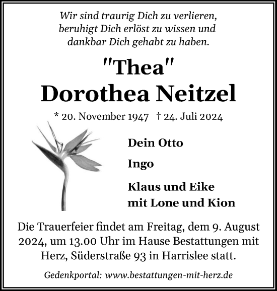 Traueranzeige von Dorothea Neitzel von Flensburger Tageblatt