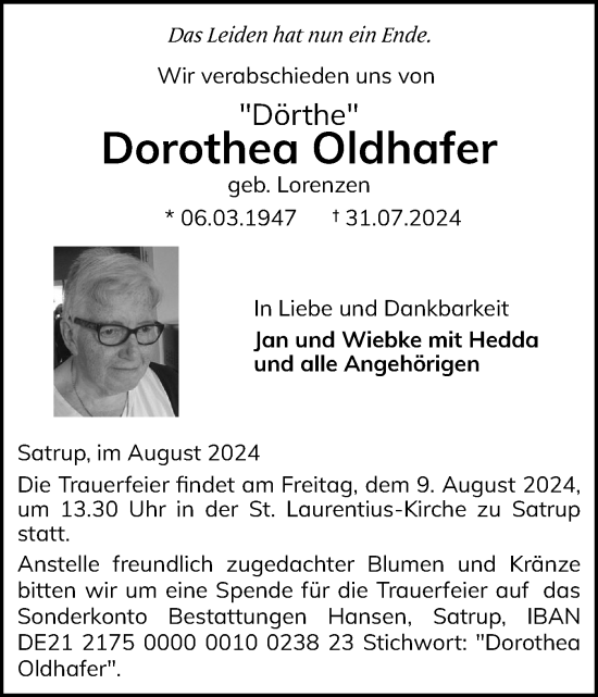 Traueranzeige von Dorothea Oldhafer von Flensburger Tageblatt, Schleswiger Nachrichten, Schlei-Bote