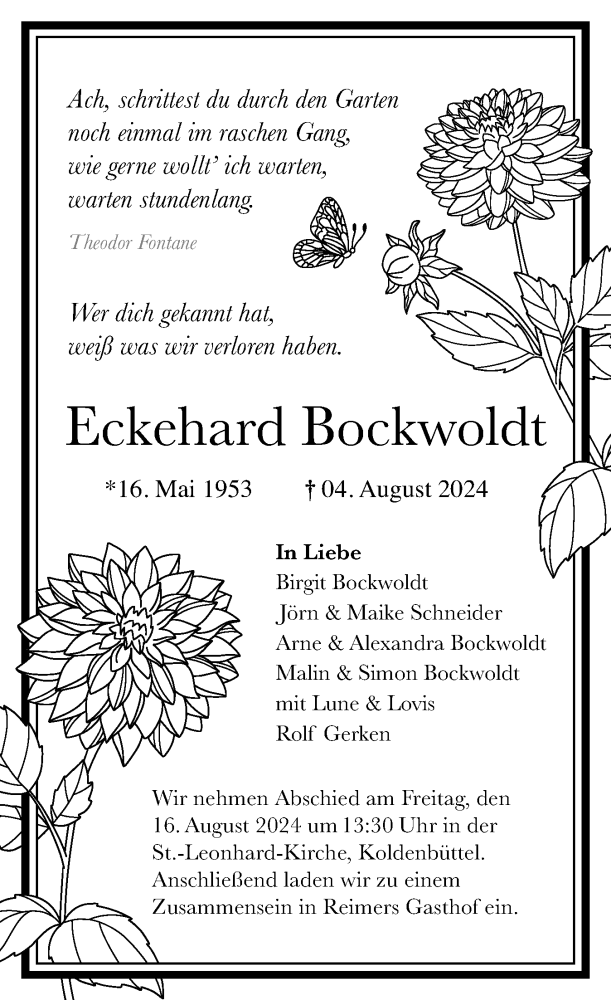  Traueranzeige für Eckehard Bockwoldt vom 10.08.2024 aus Husumer Nachrichten, Nordfriesland Tageblatt
