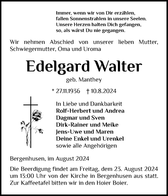 Traueranzeige von Edelgard Walter von Schleswig-Holsteinische Landeszeitung