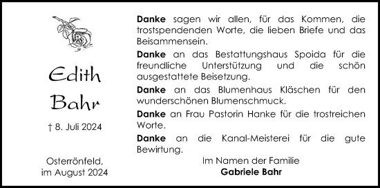 Traueranzeige von Edith Bahr von Schleswig-Holsteinische Landeszeitung
