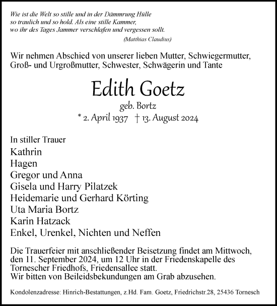 Traueranzeige von Edith Goetz von Uetersener Nachrichten, Der tip am Wochenende