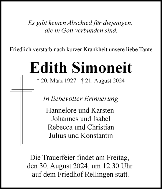 Traueranzeige von Edith Simoneit von Region Pinneberg und tip Pinneberg