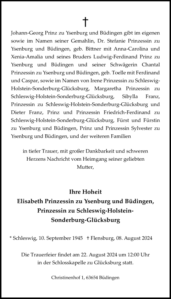 Traueranzeige von Elisabeth Prinzessin zu Ysenburg und Büdingen, Prinzessin zu Schleswig-Holstein-Sonderburg-Glücksburg von Flensburger Tageblatt, Schleswiger Nachrichten, Schlei-Bote