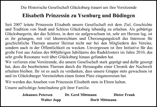 Traueranzeige von Elisabeth Prinzessin zu Ysenburg und Büdingen, Prinzessin zu Schleswig-Holstein-Sonderburg-Glücksburg von Flensburger Tageblatt