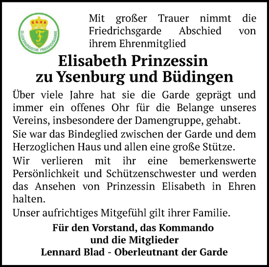 Traueranzeige von Elisabeth Prinzessin zu Ysenburg und Büdingen, Prinzessin zu Schleswig-Holstein-Sonderburg-Glücksburg von Flensburger Tageblatt