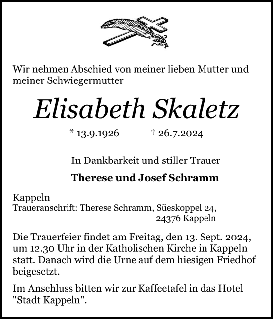 Traueranzeige von Elisabeth Skaletz von Schleswiger Nachrichten, Schlei-Bote