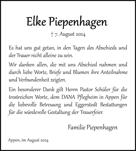 Traueranzeige von Elke Piepenhagen von Region Pinneberg und tip Pinneberg