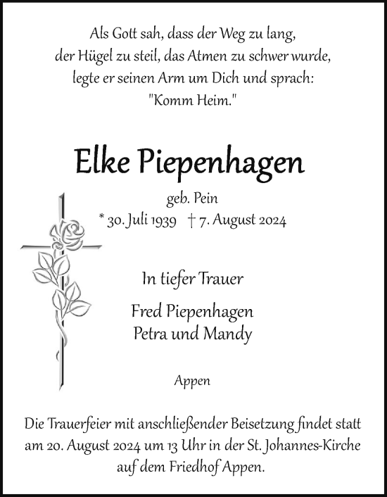 Traueranzeige von Elke Piepenkagen von Region Pinneberg und tip Pinneberg