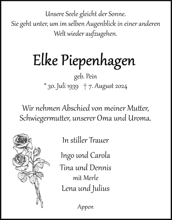 Traueranzeige von Elke Piepenhagen von Region Pinneberg und tip Pinneberg