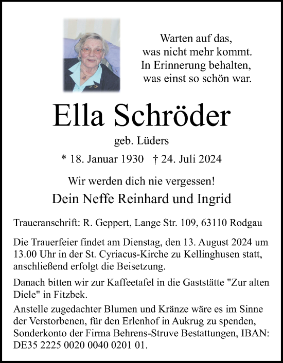 Traueranzeige von Ella Schröder von Norddeutsche Rundschau, Wilstersche Zeitung, Glückstädter Fortuna