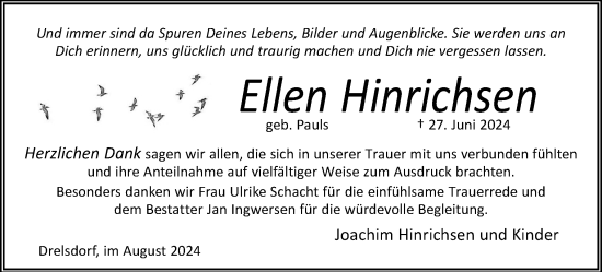 Traueranzeige von Ellen Hinrichsen von Husumer Nachrichten, Nordfriesland Tageblatt