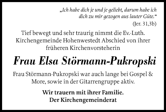 Traueranzeige von Elsa Störmann-Pukropski von Schleswig-Holsteinische Landeszeitung