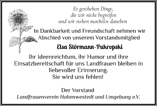 Traueranzeige von Elsa Störmann-Pukropski von Schleswig-Holsteinische Landeszeitung