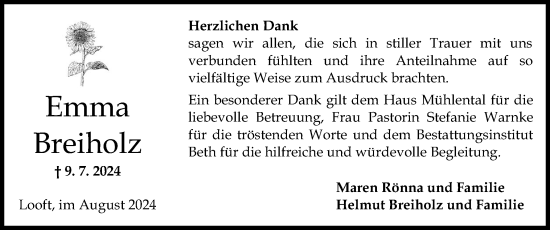 Traueranzeige von Emma Breiholz von Norddeutsche Rundschau, Wilstersche Zeitung, Glückstädter Fortuna