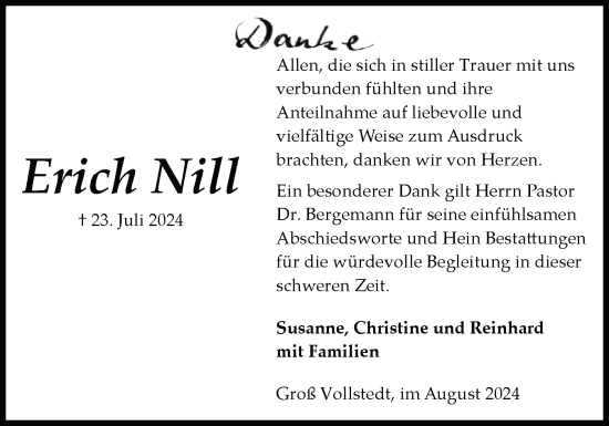 Traueranzeige von Erich Nill von Schleswig-Holsteinische Landeszeitung