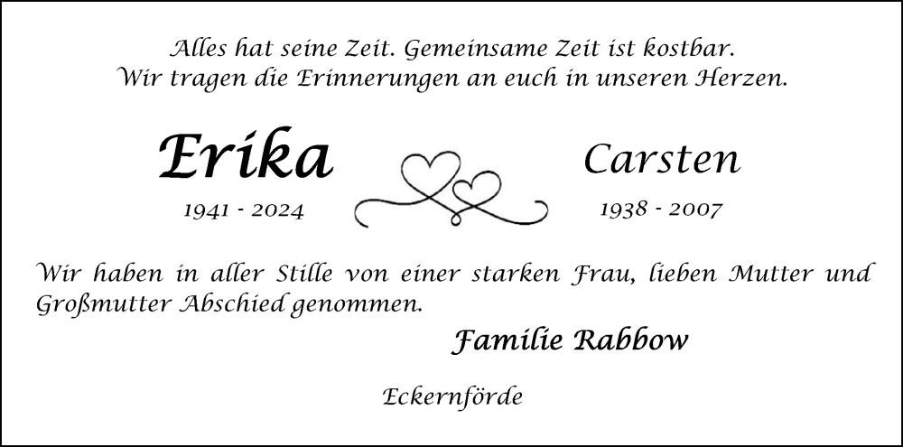  Traueranzeige für Erika  vom 17.08.2024 aus Eckernförder Zeitung, Hallo Eckernförde