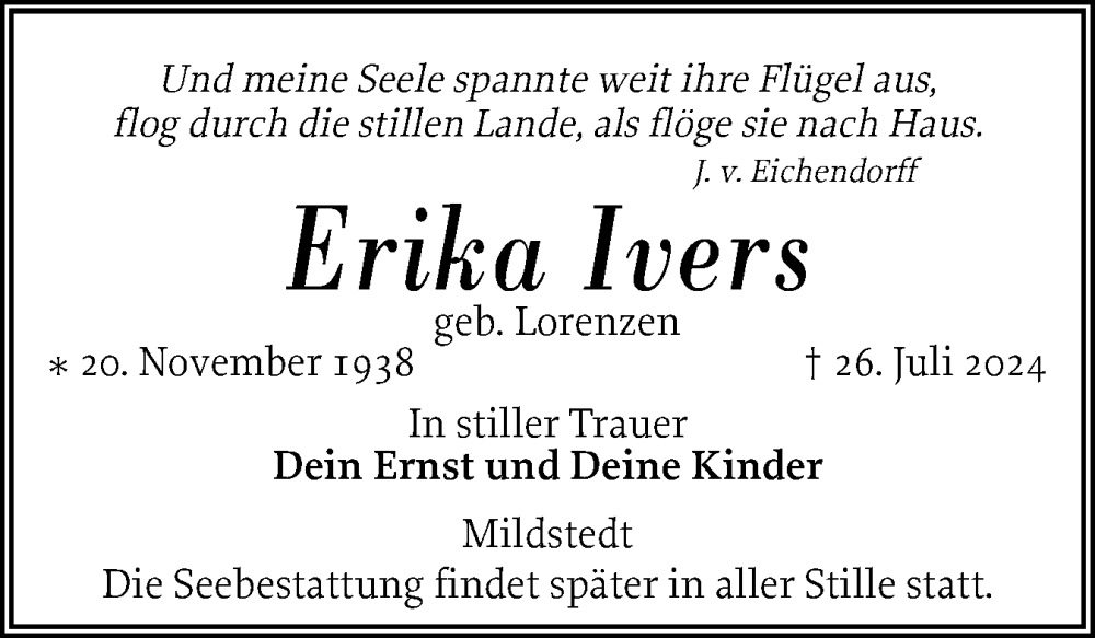  Traueranzeige für Erika Ivers vom 17.08.2024 aus Husumer Nachrichten, Nordfriesland Tageblatt