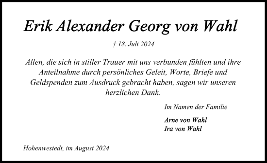 Traueranzeige von Erik Alexander Georg von Wahl von Schleswig-Holsteinische Landeszeitung