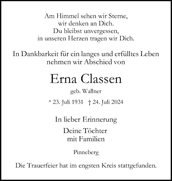 Traueranzeige von Erna Classen von Region Pinneberg und tip Pinneberg