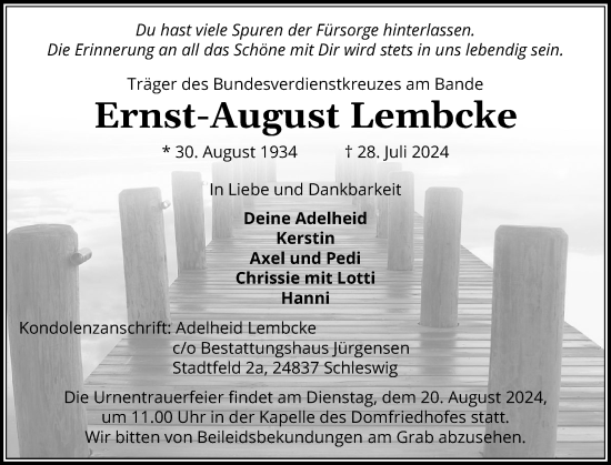 Traueranzeige von Ernst-August Lembcke von Schleswiger Nachrichten, Schlei-Bote