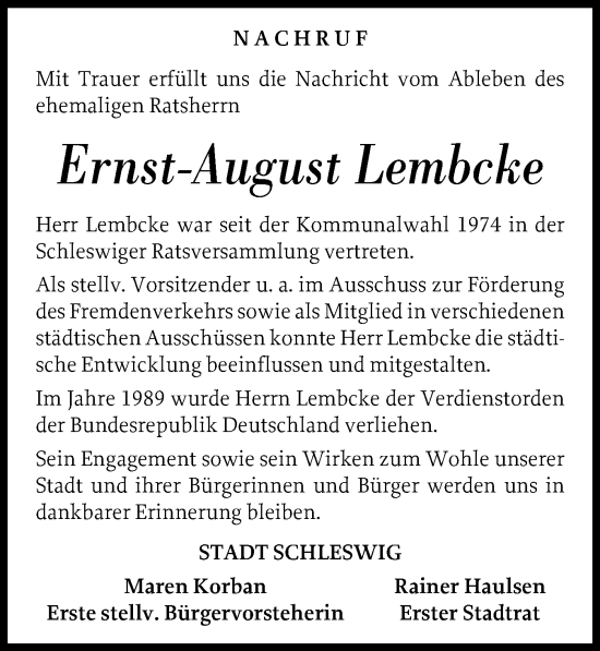 Traueranzeige von Ernst-August Lembcke von Schleswiger Nachrichten, Schlei-Bote