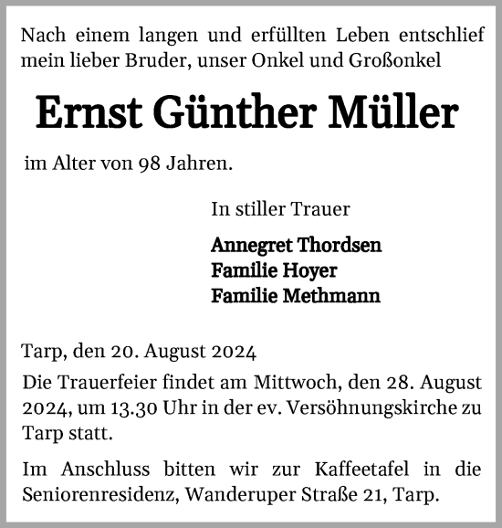 Traueranzeige von Ernst Günther Müller von Flensburger Tageblatt