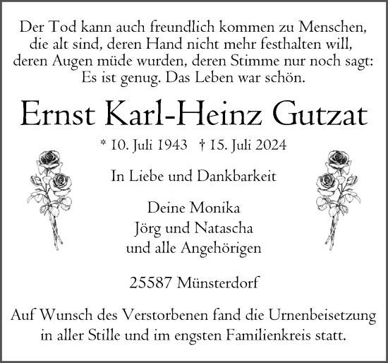 Traueranzeige von Ernst Karl-Heinz Gutzat von Norddeutsche Rundschau, Wilstersche Zeitung, Glückstädter Fortuna