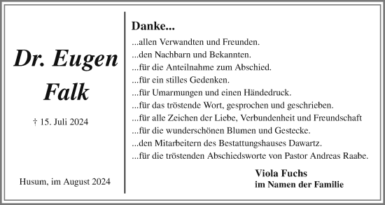 Traueranzeige von Eugen Falk von Husumer Nachrichten, Nordfriesland Tageblatt