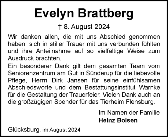 Traueranzeige von Evelyn Brattberg von Flensburger Tageblatt