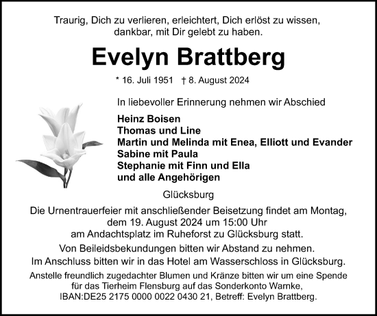 Traueranzeige von Evelyn Brattberg von Flensburger Tageblatt