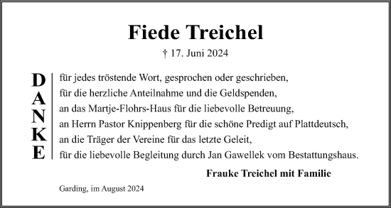 Traueranzeige von Fiede Treichel von Husumer Nachrichten, Nordfriesland Tageblatt