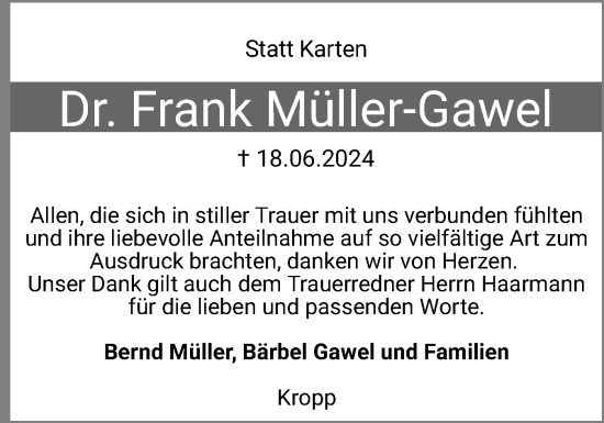 Traueranzeige von Frank Müller-Gawel von Schleswiger Nachrichten, Schlei-Bote