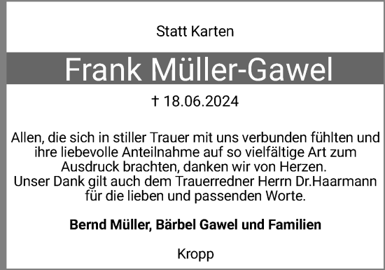 Traueranzeige von Frank Müller-Gawel von Schleswiger Nachrichten, Schlei-Bote