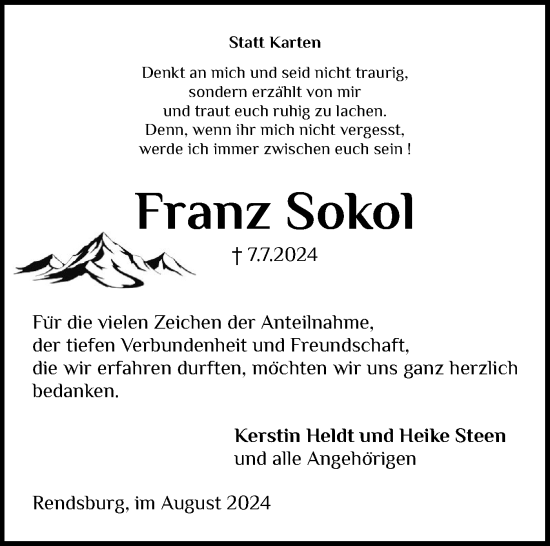 Traueranzeige von Franz Sokol von Schleswig-Holsteinische Landeszeitung