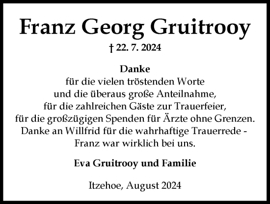 Traueranzeige von Franz Georg Gruitrooy von Norddeutsche Rundschau, Wilstersche Zeitung, Glückstädter Fortuna