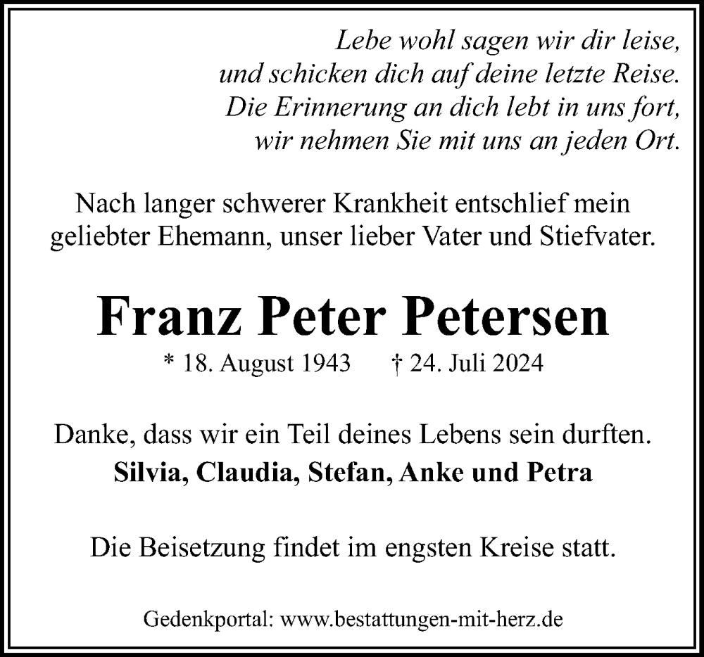  Traueranzeige für Franz Peter Petersen vom 10.08.2024 aus Flensburger Tageblatt